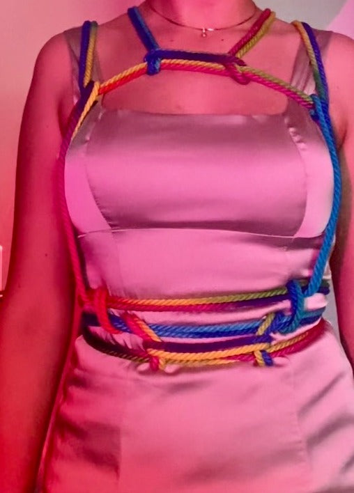rainbow bondage rope made out of smooth bamboo silk